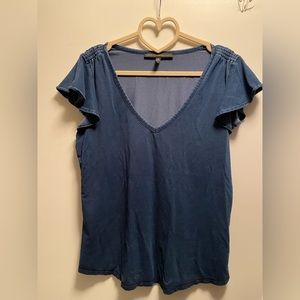 White House Black Market Flutter Sleeve V-Neck Top denim blue M